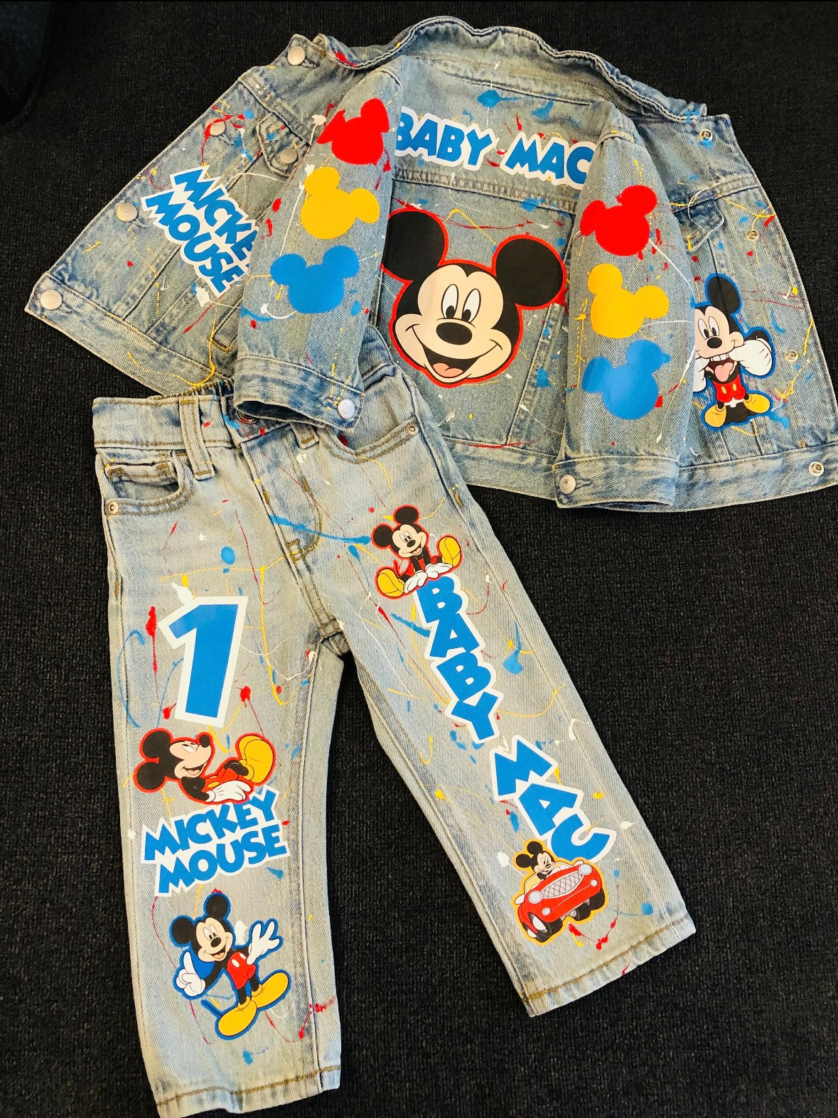 Custom  Micky Mouse Birthday Outfit Jacketand Pants- Red Blue Yellow Boys Birthday Outfit