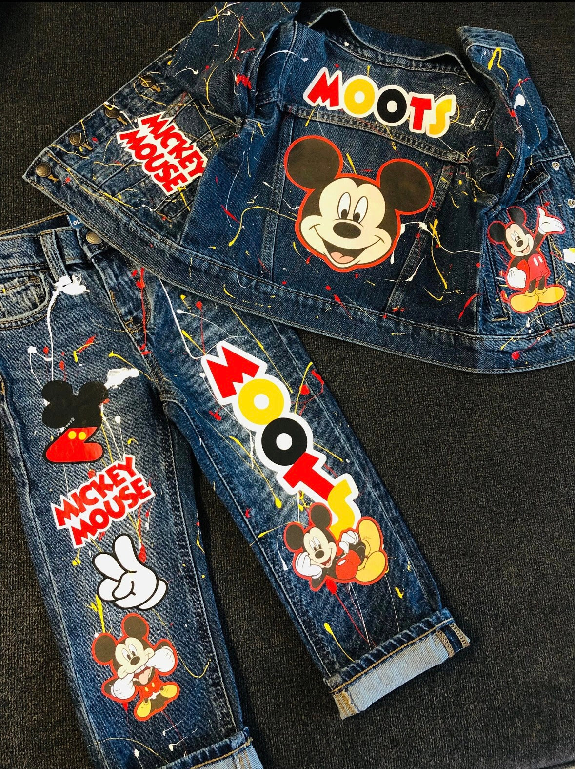 Custom  Micky Mouse Birthday Outfit Jacketand Pants- Red Blue Yellow Boys Birthday Outfit Jean Set