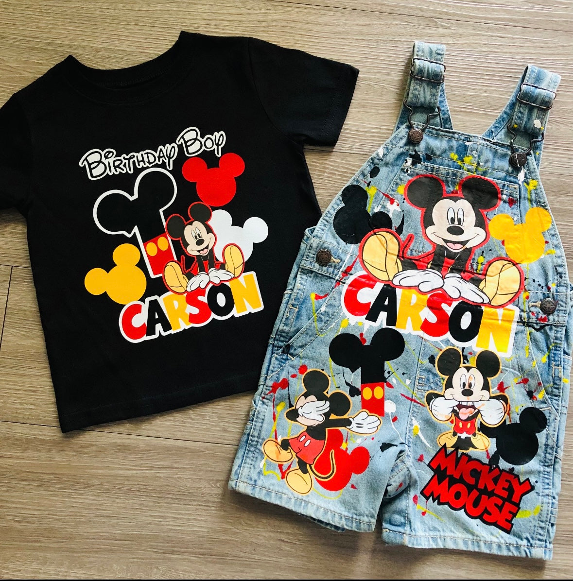 Custom Mickey  Birthday Overalls - Red YellowBoys Birthday Outfit with Custom Shirt